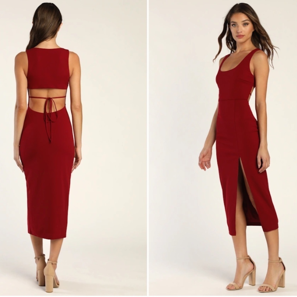 Lulu's Burgundy Cutout Midi Dress with Front Slit - Picture 5 of 6